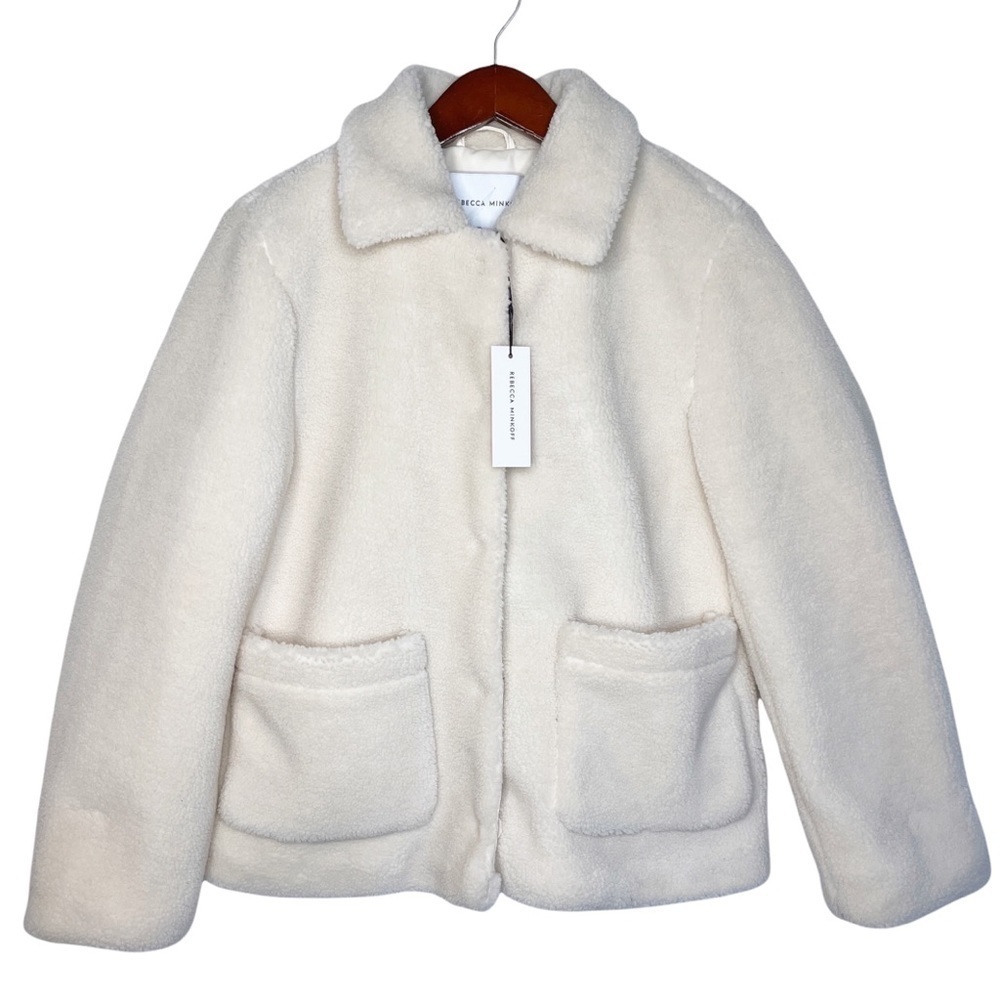 REBECCA MINKOFF NWT Teddy Sherpa Snap Front Coat Size Medium in Plush Cream